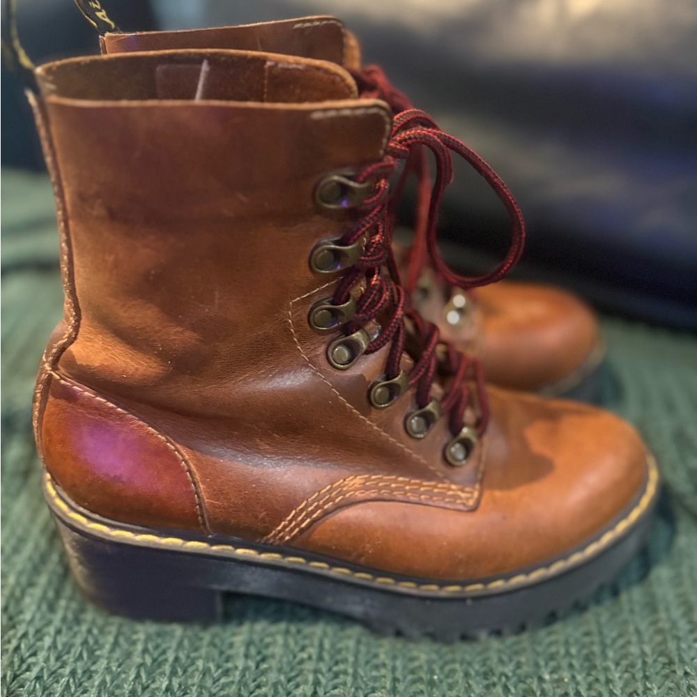 Dr. Martens Brown Leather Lace-Up Platform Boots with Burgundy Laces